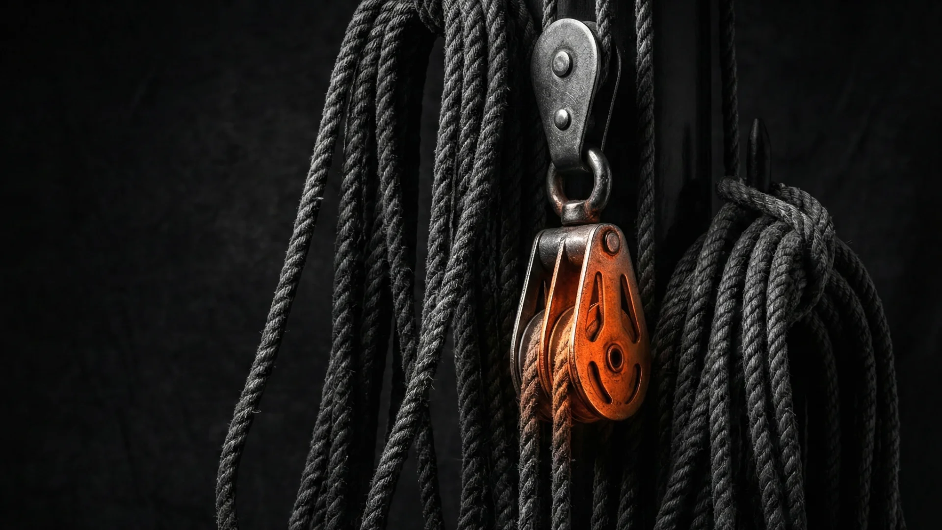 Takelage mit Umlenkrolle in Orange – automatisierte Abläufe statt unnötiger Handgriffe Takelage-Detail in Schwarzweiß mit orangefarbenem Akzent.